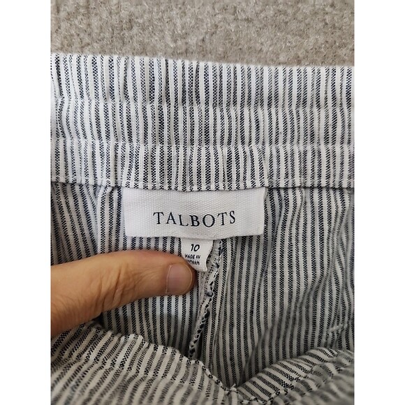 Talbots Linen Blend Pants Women 10 Blue White Stripe Pull On Drawstring Straight - Picture 6 of 8